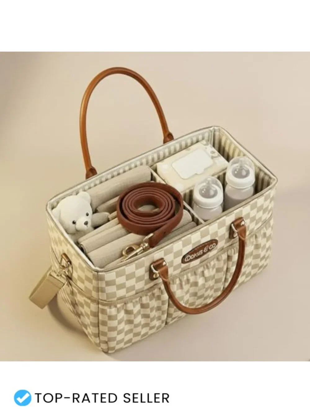 Luxe Waterproof Diaper Caddy Tote with Faux Leather Handles, Extra Large